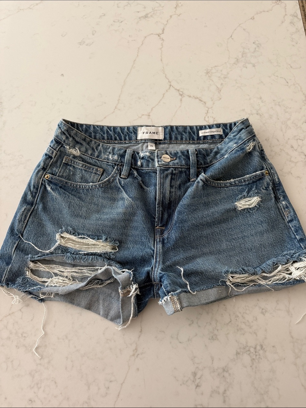 Frame Denim Light Blue Distressed Jean Shorts